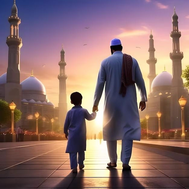 a man holding the hand of a little boy as they walk towards a mosque at sunset