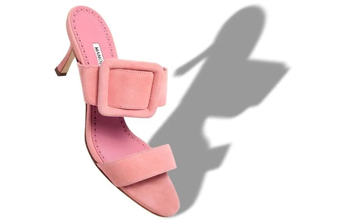 Designer Light Pink Suede Open Toe Mules - Image Main Luxury Heels With Tang Buckle For Spring, Luxury Pink Pointed Toe Mules, Luxury Pink Heels With Buckle Closure, Chic Sandals With Sculpted Heel And Rectangular Buckle, Elegant Open Toe Slides With Buckle Closure, Suede Mules With Buckle Closure And Open Heel, Chic Heels With Rectangular Buckle Closure, Elegant Formal Mules With Rectangular Buckle, Chic Square Toe Formal Slides