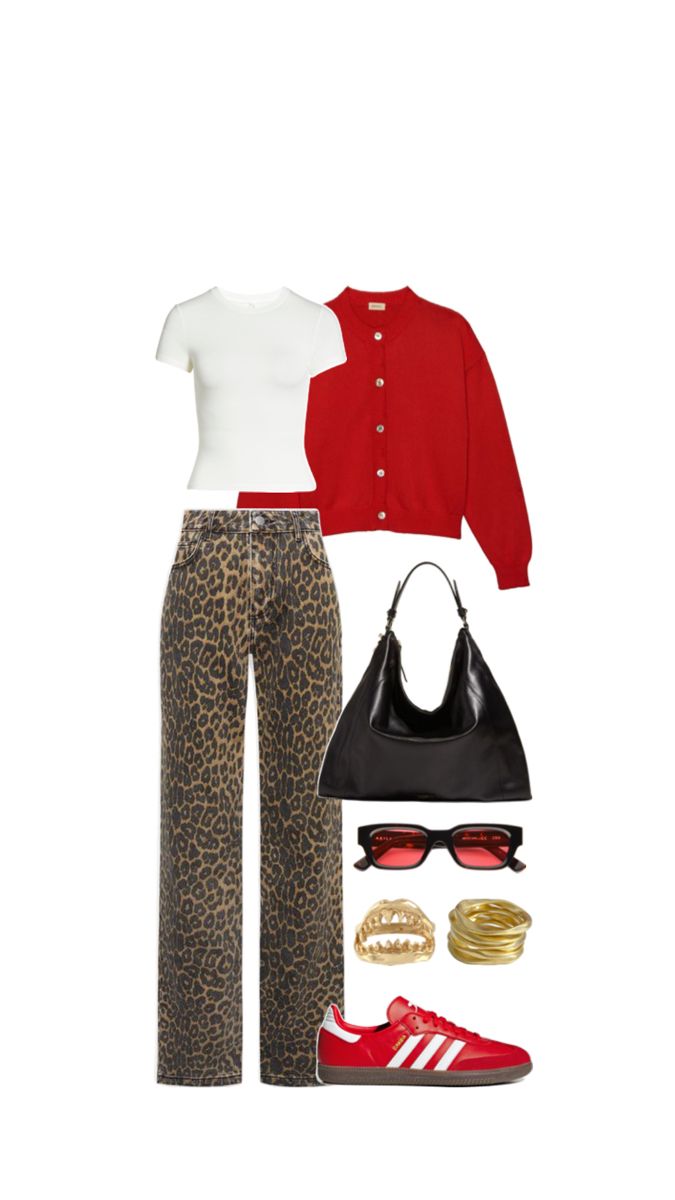 Leopard jeans red knit cardigan cool girl outfit inspo sambas adidas fall Pinterest spring LA NYC New York Bella Hadid styling polyvore stylist inspiration Lepord Jeans Outfits, Leapord Jeans Outfits, Red Outfit Combination, New York In Spring Outfits, Leopard Adidas Outfit, Red Boots Outfit Fall, Cheetah And Red Outfit, Leopard Samba Outfit, Cheetah Print And Red Outfit