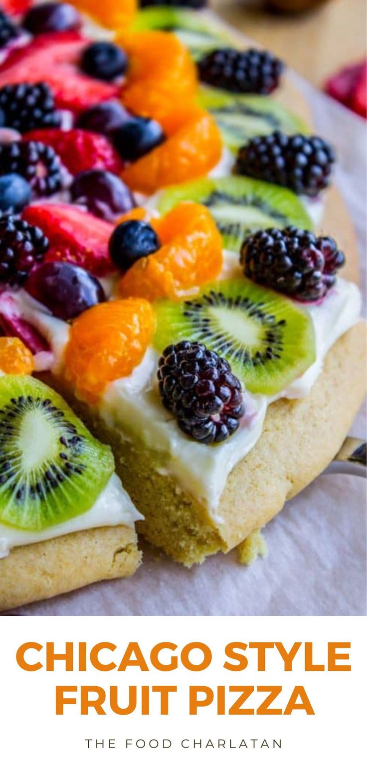 the chicago style fruit pizza is topped with cream cheese and fresh fruit for toppings