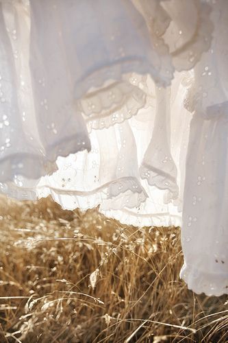 some white dresses are hanging in the grass