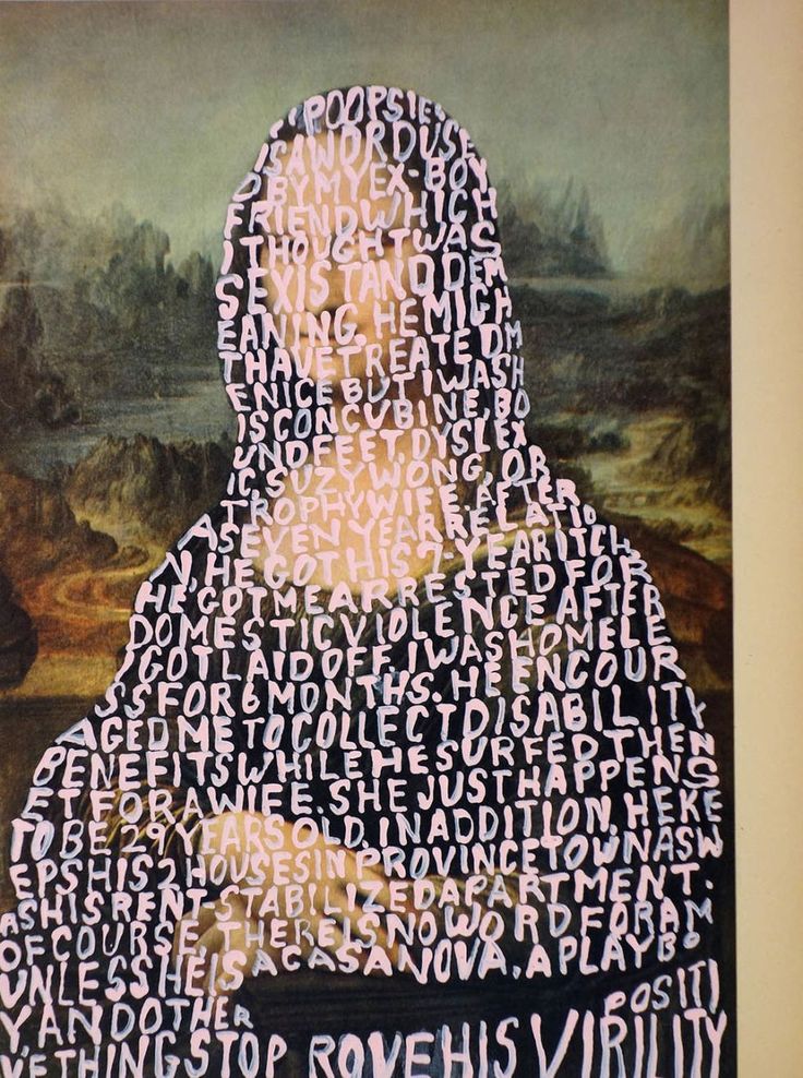 a painting with words written all over it in the shape of a woman's face