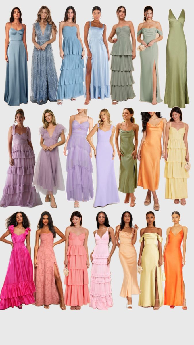 many different dresses are shown in multiple colors