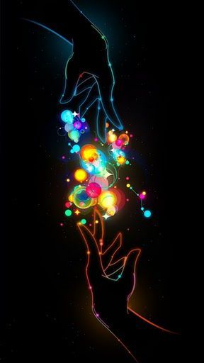 two hands reaching out towards each other with glowing balls in the dark sky behind them