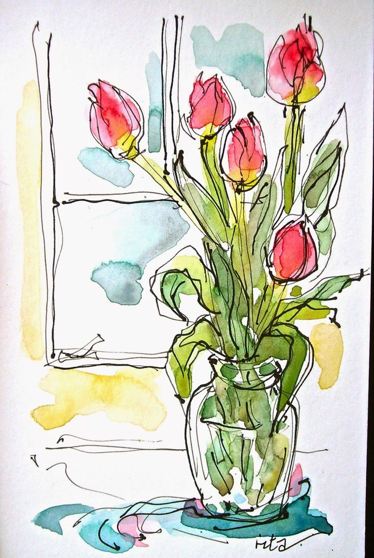 a watercolor drawing of pink tulips in a glass vase on a window sill