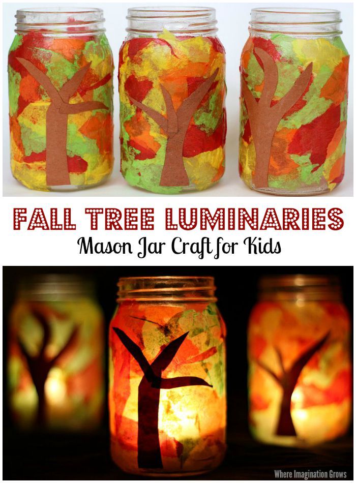 three mason jar crafts with fall tree luminaries