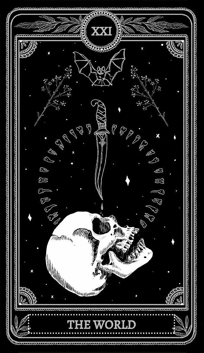 a black and white tarot card with a skeleton on it