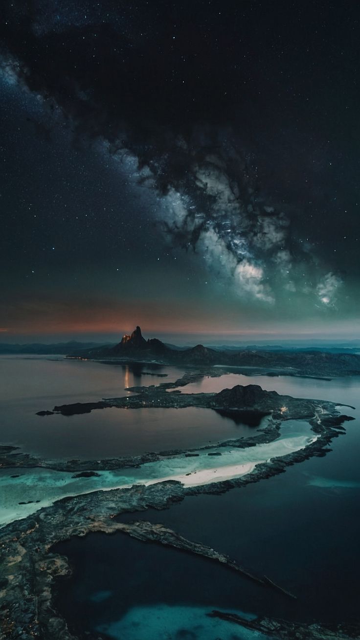 the night sky is lit up with stars and clouds above an island surrounded by water