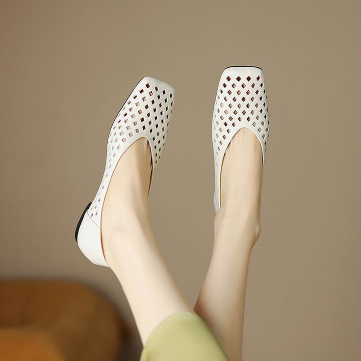 #CutOut #HighShine #Metallic #Minimalism #PumpsShoes #WomenShoes Spring Casual Court Shoes With Rubber Sole, Casual Spring Court Shoes With Rubber Sole, Casual Court Shoes With Leather Sole For Spring, Casual Spring Court Shoes With Leather Sole, White Medium Width Slip-on Flats, White Slip-on Flats With Perforated Toe Box, White Closed Toe Flats With Perforated Toe Box, White Slip-on Leather Shoes With Flat Heel, White Flats With Perforated Round Toe