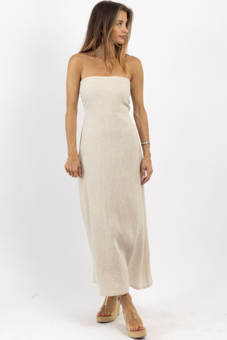 *SIGN UP FOR RESTOCK NOTIFICATIONS, ITEMS ARE RESTOCKED WHEN POSSIBLE BASED ON DEMAND* DESCRIPTION 100% Linen Strapless maxi dress, Linen, Lined, Smocked back, A-line fit, Side zipper closure Naomie is wearing a size small Height | 5'8 Dress size | 2 Please note: All items purchased on sale are final sale. We recommend checking your cart for sale items to make note of non-returnable items. White Linen Bridesmaid Dress, Elegant Beach Maxi Dress With Straight Neckline, Elegant Maxi Dress With Straight Neckline For Beach, Chic Linen Maxi Dress, Summer Beige Maxi Dress With Straight Neckline, Spring Beige Maxi Dress With Straight Neckline, Beige Maxi Dress With Straight Neckline For Summer, Linen Maxi Dress For Vacation, Linen Maxi Dress For Brunch