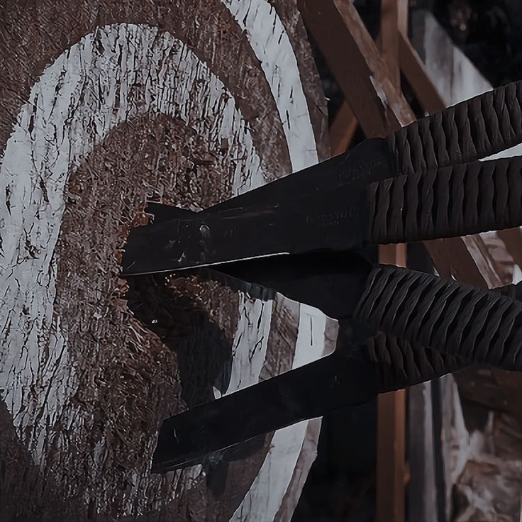 two pairs of scissors are stuck into the side of a wooden target