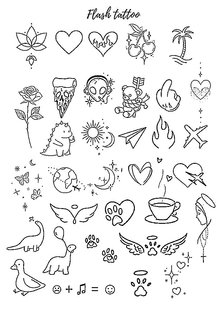 a black and white drawing of different tattoos on a sheet with the words flash tattoo