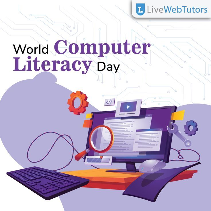 a computer that is on top of a desk with the words world computer library day