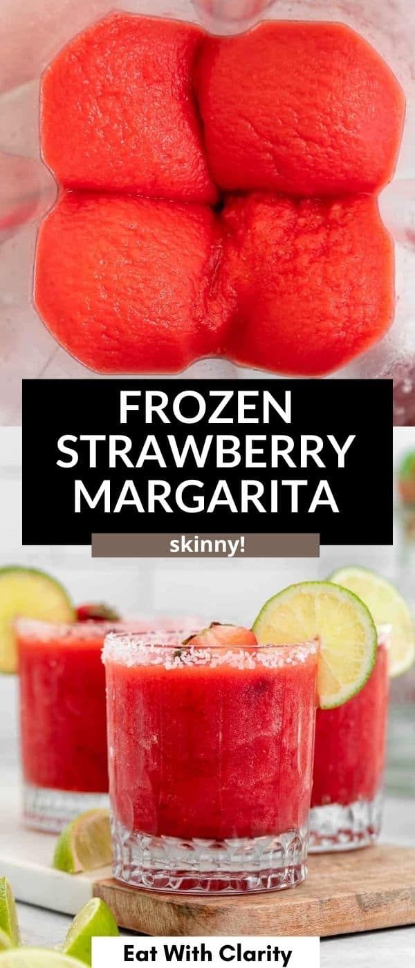 frozen strawberry margaritas with lime slices in the background and text overlay that reads eat with clarify