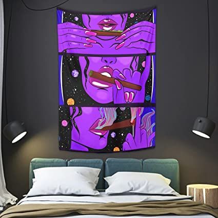 a bed with a purple painting on the wall above it and two pillows in front of it