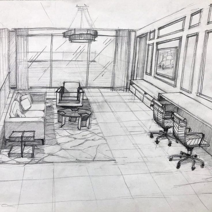 a drawing of a living room with couches and chairs