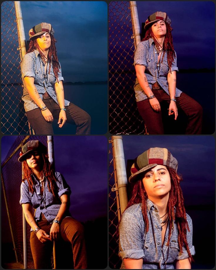 four different pictures of a woman with dreadlocks sitting on a fence next to the ocean