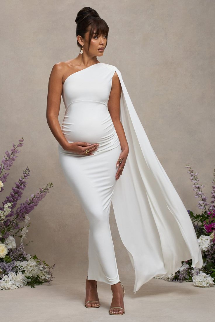 Amaryllis White Maternity One Shoulder Maxi Dress with Cape Sleeve – Club L London - USA Dress With Cape, Maternity Wardrobe, One Shoulder Maxi Dress, Pregnant Wedding, Pregnancy Looks, Black Dress Prom, White Bodycon, Pregnancy Wardrobe, Black Tie Gala