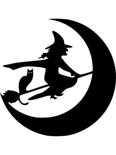 a black and white silhouette of a witch on a broom flying over the moon with a cat