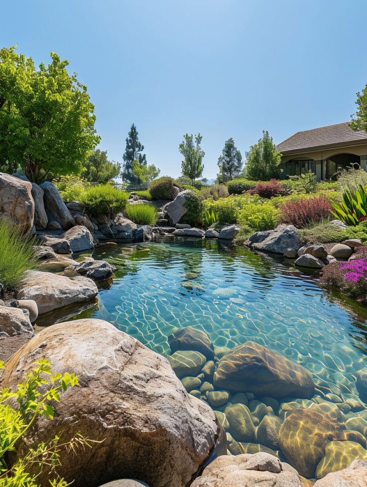 a small pond surrounded by rocks and plants