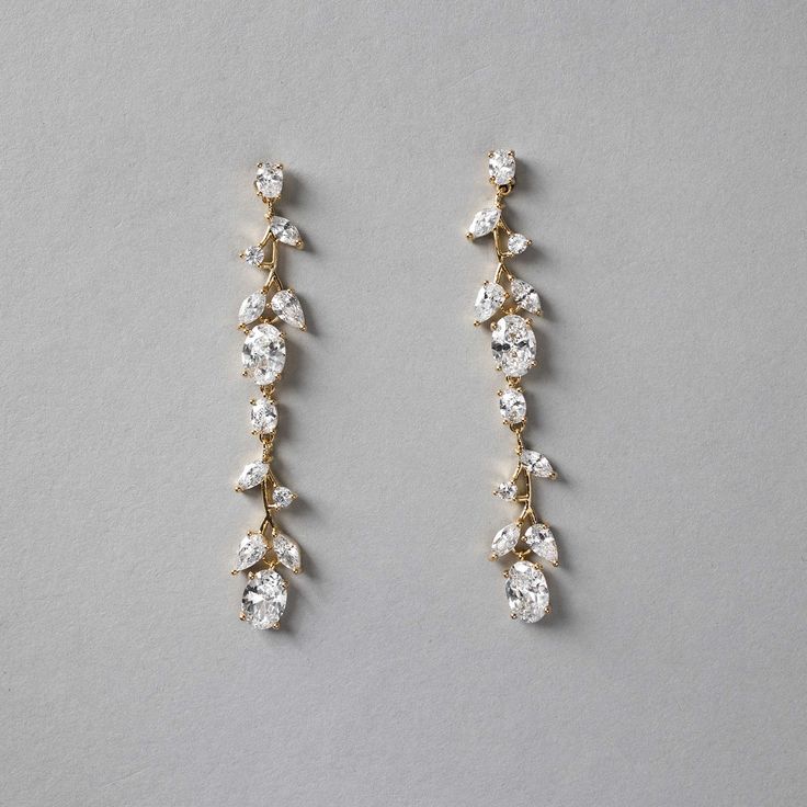 These delicate vine dangle earrings are inspired by nature and created with tiny round and marquise CZ stones with larger oval stones mimicking flower buds. A lovely design for any special occasion. They are about 2.25 inches long and .25 inches wide, rhodium or gold plated, lead, cadmium, and nickel free, grade AAA CZ stones. Wedding Day Jewelry Brides, Gold Bridal Hair Accessories, Evening Eye Makeup, Amazon Wedding, Gold Headpiece, Wedding Day Jewelry, Pinterest Ideas, Vintage Inspired Jewelry, Bride Earrings