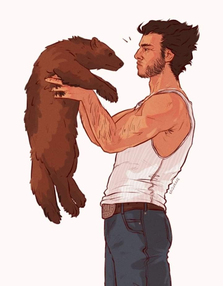 a drawing of a man holding a brown bear