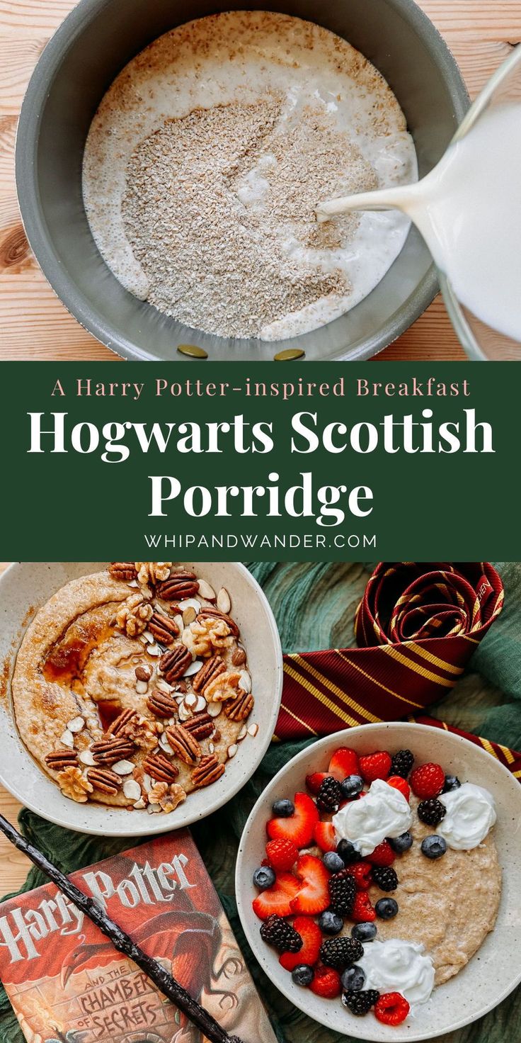 hogwart's scottish porridge with berries and whipped cream in a bowl, next to a harry potter inspired breakfast