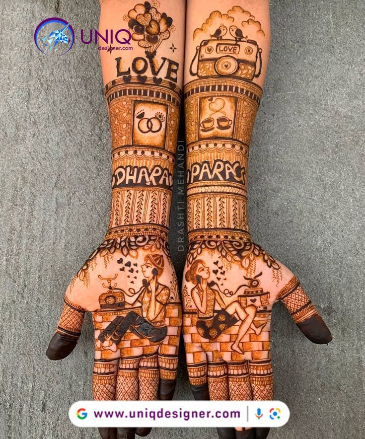 two hands with henna designs on them and the words love are written in different languages