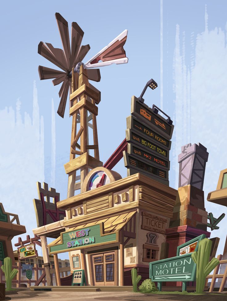 an animated image of a store front with a windmill on top and other buildings in the background