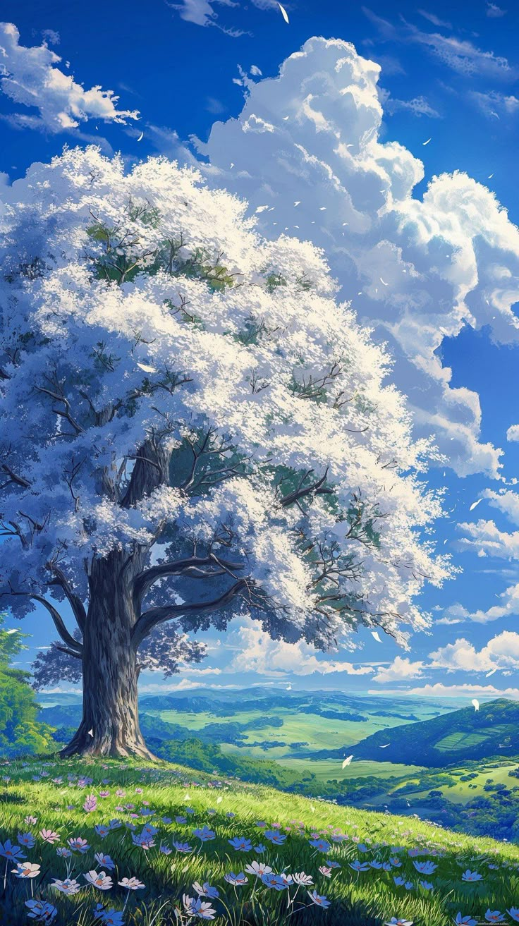 a painting of a tree in the middle of a field with blue sky and clouds