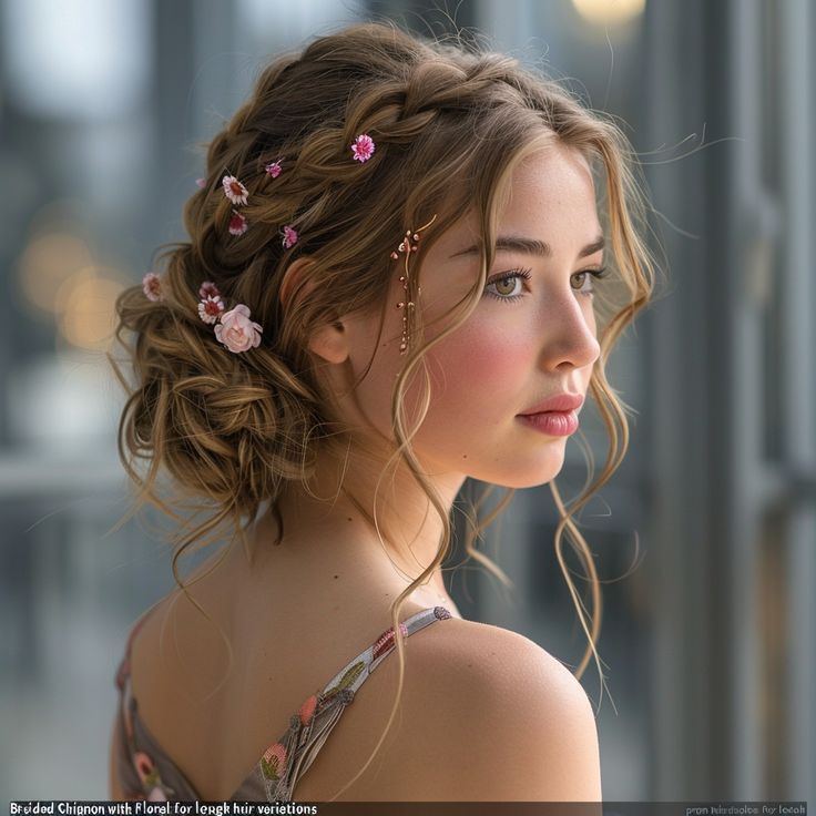 Fairy Hairstyle Medium Hair, Pink Flower Hairstyle, Prom Hair With Pins, Fairy Braided Hairstyles, Ethereal Aesthetic Hairstyles, Fairy Hairstyles For Medium Hair, Bridesmaid Hairstyles With Flowers, Fairy Look Hair, Short Hair Princess Hairstyle