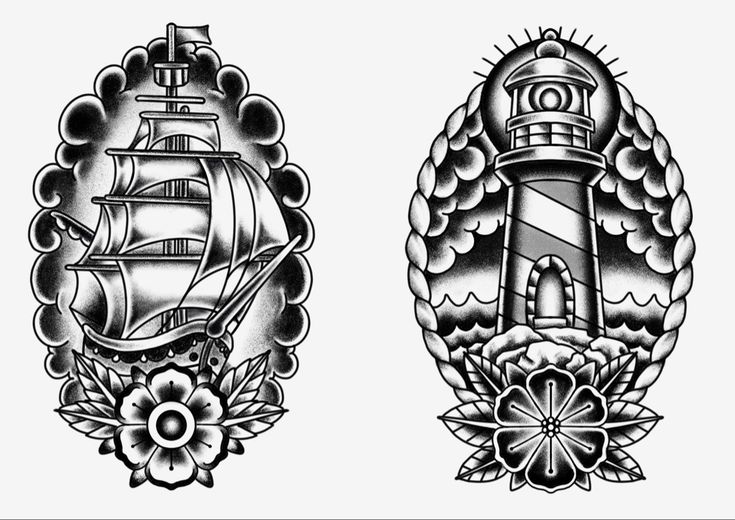 two black and white tattoos with an image of a ship