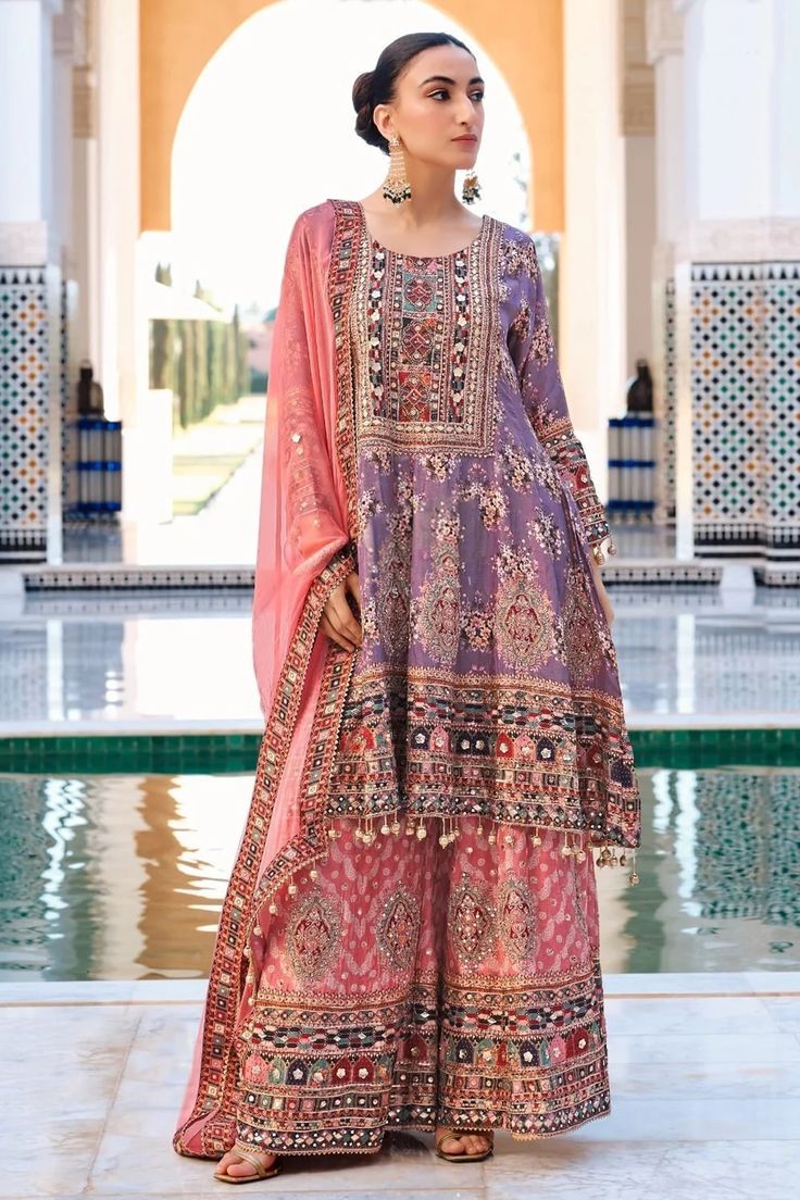 Lavender Multicolored Anarkali Sharara Suit | Best Indian Clothing for Women - A digitally printed crepe silk peplum style anarkali top paired with embellished crepe silk Mirror Work Lace, Phulkari Pants, Silk Sharara, Anarkali Tops, Lucknowi Kurta, Gharara Suits, Patiala Salwar Suits, Pink Kurta, Ethnic Suit