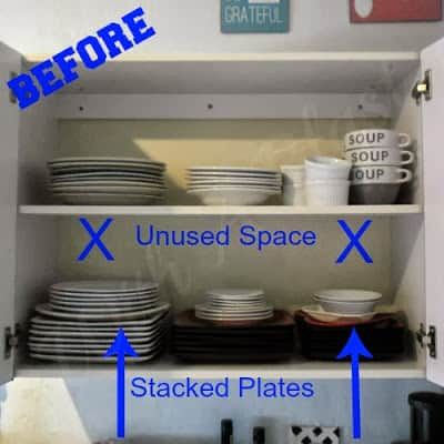 an open cabinet with plates and cups on it, labeled before and after the space