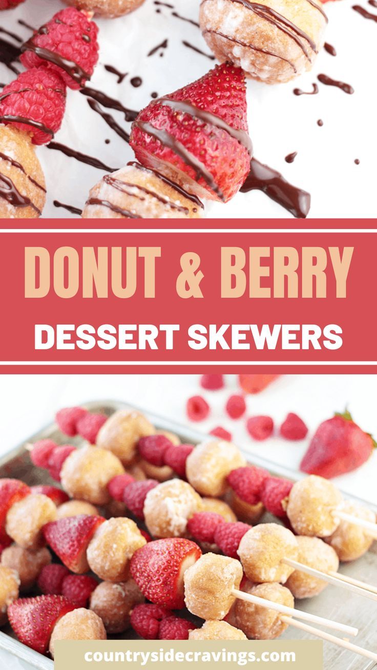 donut and berry dessert skewers with chocolate drizzle