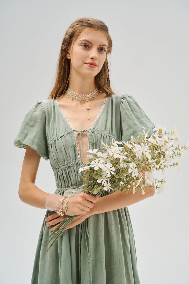 IRIS 23 | lace up linen dress – Linennaive Puff Sleeve Dress Vintage, Ethereal Dress, Structured Dress, Romantic Atmosphere, Cape Coat, Puffed Sleeves Dress, Light Texture, Dress Elegant, Corset Dress