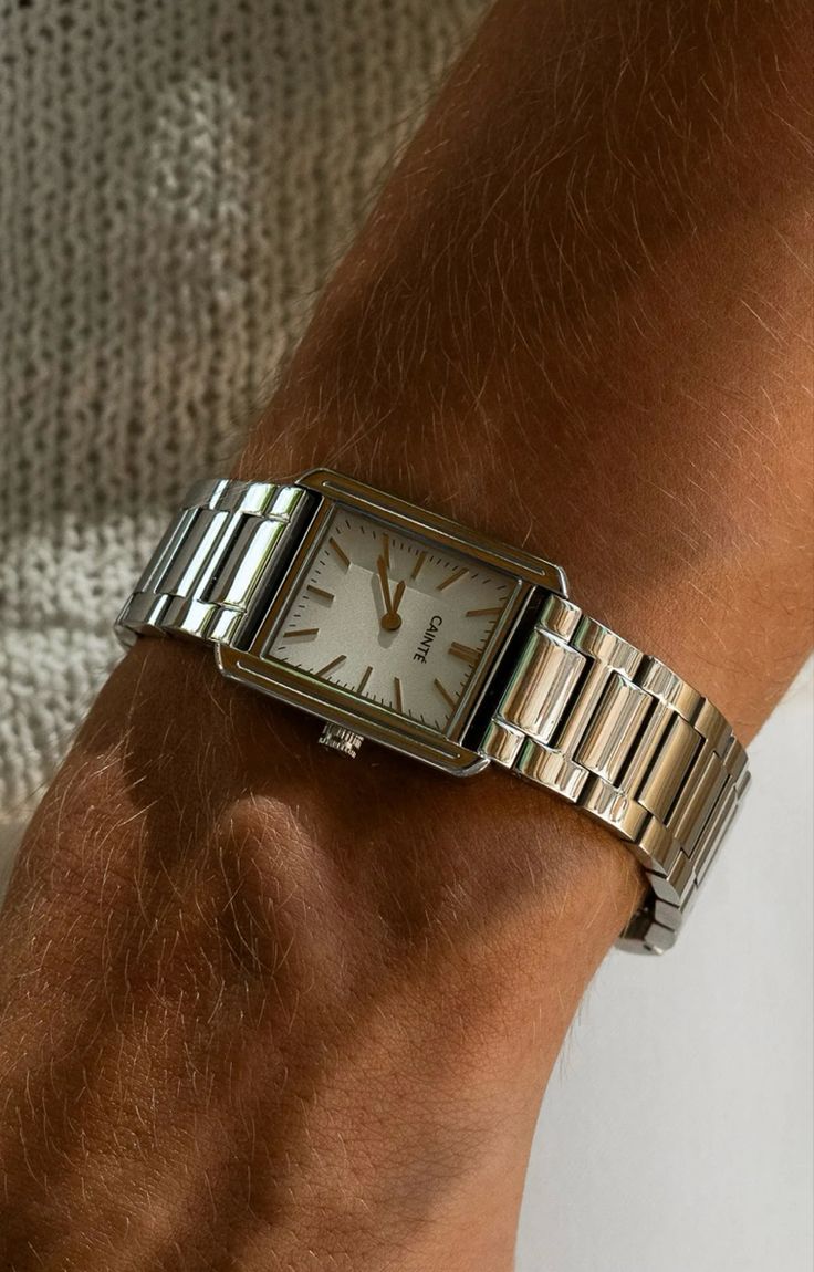 Luxury square watch silver like the cartier tank by caintè Cartier Tank Men, Square Watches For Men, Silver Watch Men, Cartier Watches Mens, Pretty Watches, Tank Watch, Fancy Watches, Formal Mens Fashion, Mens Fashion Watches