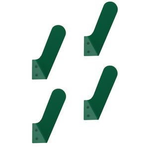 three green metal brackets on a white background