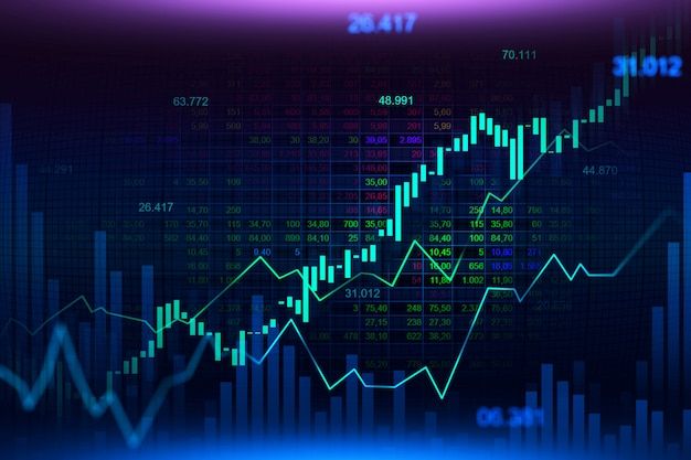 an abstract stock market chart with blue and green lights in the foreground, on a dark background