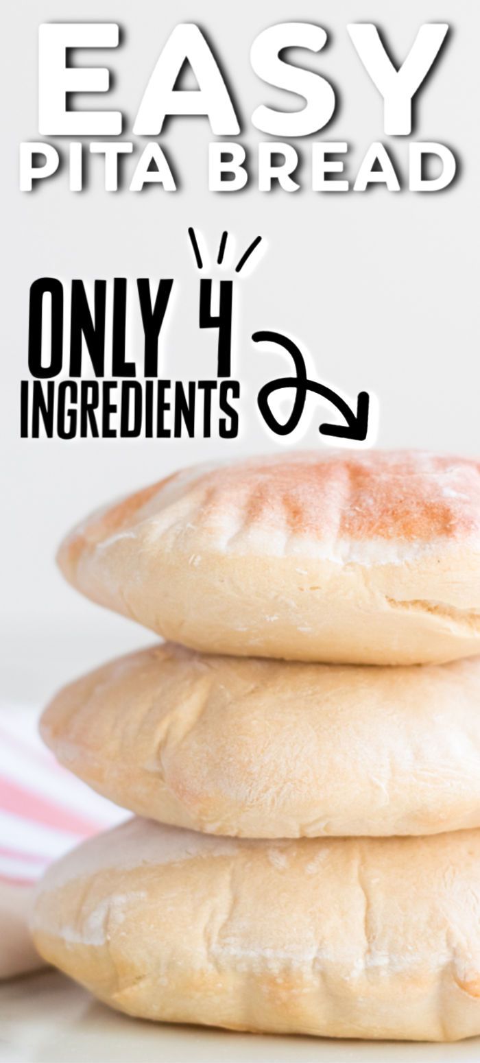 three bagels stacked on top of each other with the text easy pita bread only 4 ingredients