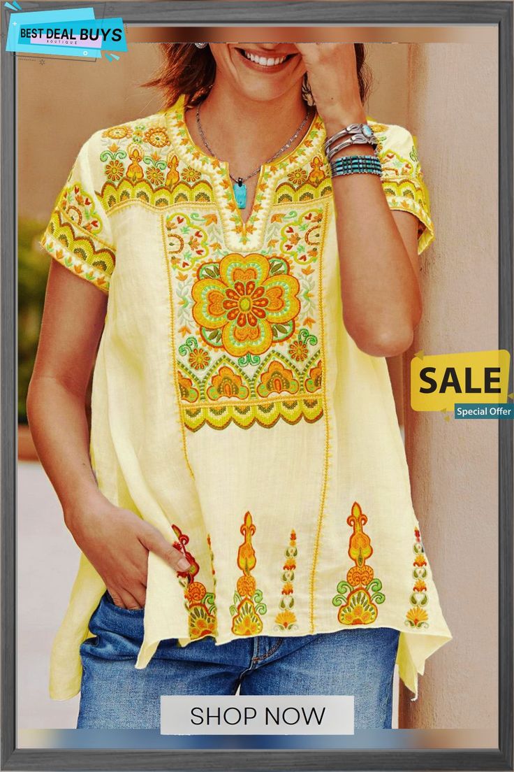 V Neck Short Sleeve Casual T-shirt Bohemian Cotton V-neck T-shirt, Yellow Cotton V-neck Shirt, Relaxed Fit Crew Neck Blouse With Graphic Print, Bohemian Short Sleeve Blouse With Graphic Print, Bohemian Graphic Print Short Sleeve Blouse, Bohemian Printed Short Sleeve Tops, Bohemian Blouse With Graphic Print And Short Sleeves, Bohemian Yellow Top With Graphic Print, Printed Yellow Crew Neck Tops