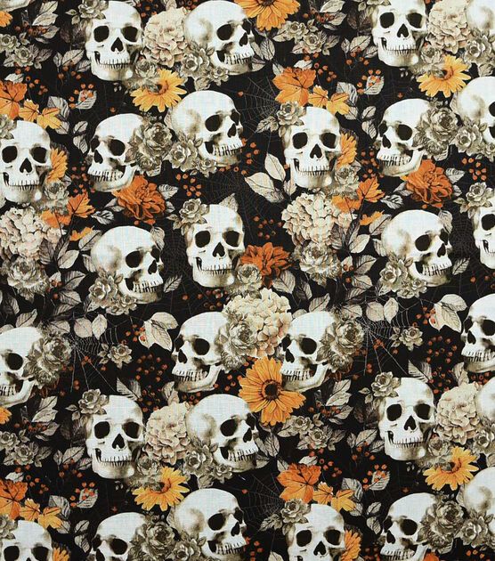 a black background with skulls and flowers on it's side, as well as an orange flower in the middle