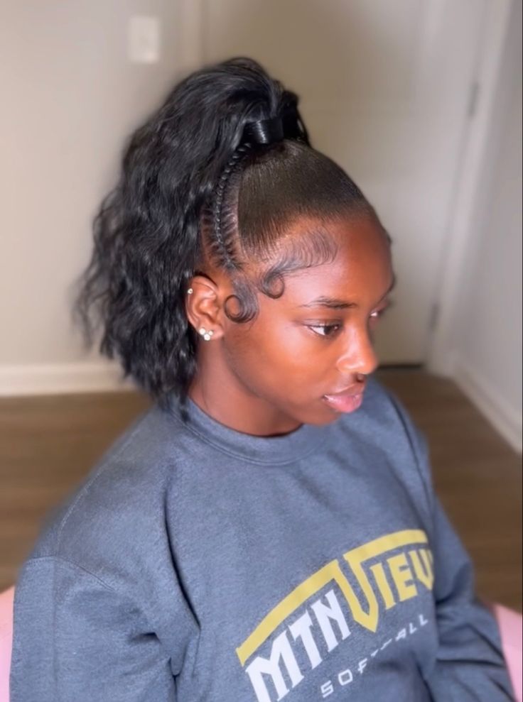 Two Braids Going Into A Ponytail, Quick Braid Ponytail, Poofy Ponytail Hairstyles, High Ponytail With Two Strands Out, 2 Braids Into High Ponytail, Braid Into Ponytail Hairstyles, Curly Ponytail With Braid, High Ponytail Hairstyles For Black Women Weave Curly, Braided High Ponytail Black Women