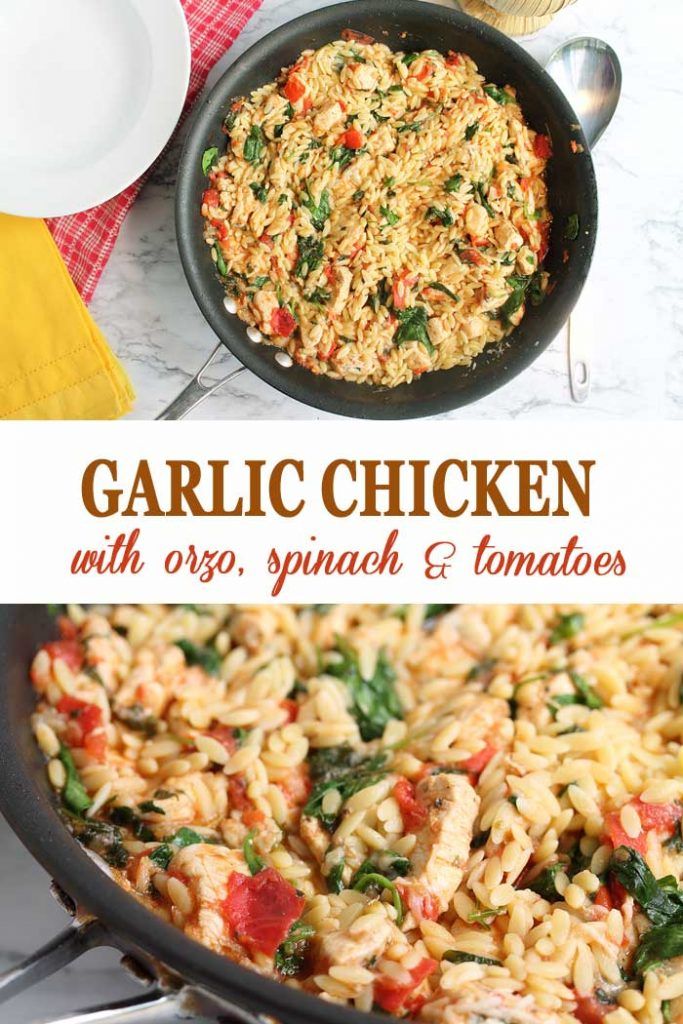 garlic chicken with spinach and tomatoes in a skillet next to a plate of pasta