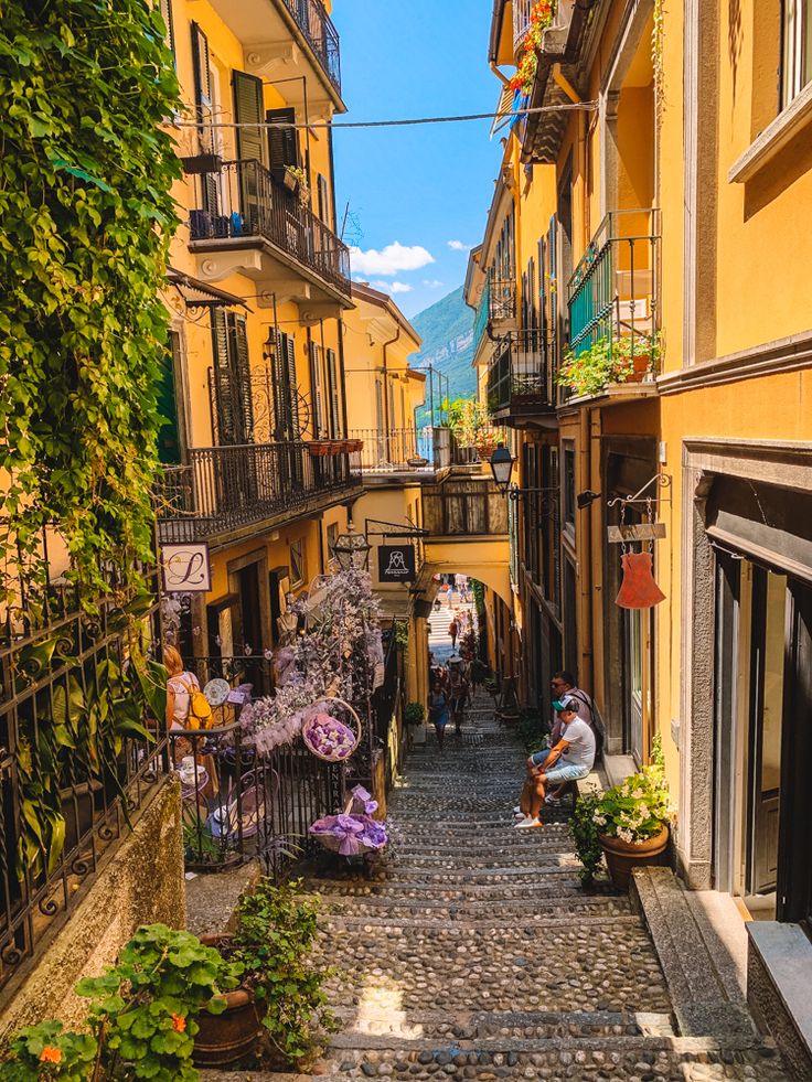 a narrow cobblestone street in an old european city with lots of plants and flowers