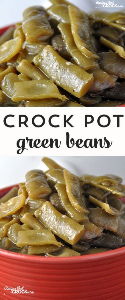 this is an image of crock pot green beans in a red bowl with the title above it