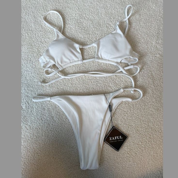 Never Worn, Ties In Back White Strappy Swimwear For Vacation, White Strapped Swimwear For Beach, White Triangle Top Swimwear With Straps, White Strappy Swimwear With Straps, White Strappy Swimwear For Pool, White Strappy Swimwear For Beach Season, White Strappy Swimwear For Beach Party, Aesthetic Swimsuit, Womens Swim