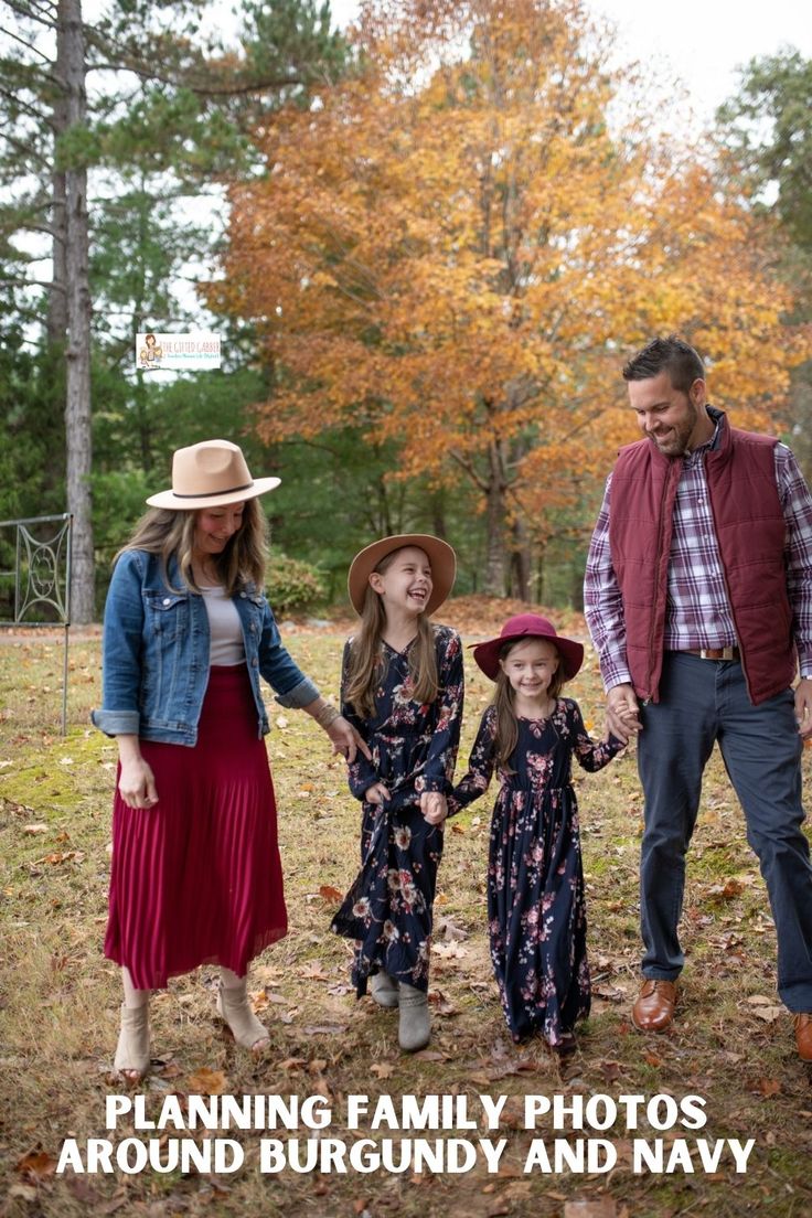 a family walking through the woods in their dresses and hats with text explaining planning family photos around burgundy and navy