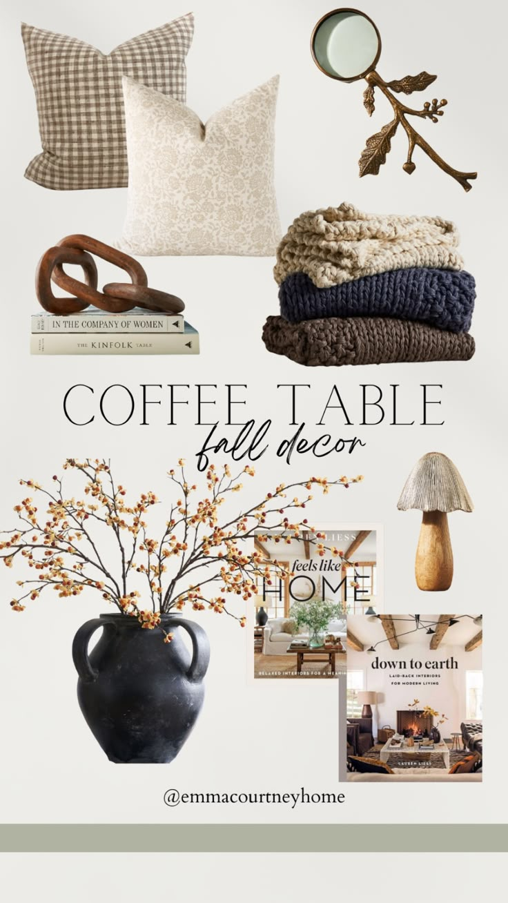 coffee table fall decor from the country home magazine, featuring pillows, blankets and other items