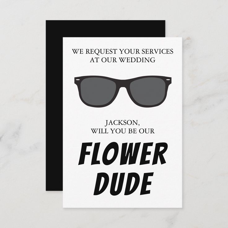 a card with the words, flower dude on it and sunglasses in front of them